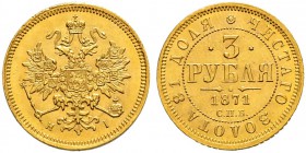 Alexander II 
 3 Roubles 1871, St. Petersburg Mint, HI. 3.95 g. Bitkin 33 (R). Rare. Small rim nicks. Good extremely fine. 3 Рубля 1871, СПб МД, HI. ...