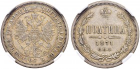 Alexander II 
 Poltina 1871, St. Petersburg Mint, HI. Bitkin 112 (R). Rare. 2,5 roubles according to Petrov. NGC AU50. Полтина 1871, СПб МД, HI. Битк...