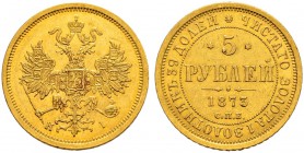 Alexander II 
 5 Roubles 1873, St. Petersburg Mint, HI. 6.53 g. Bitkin 21. Rare. Almost extremely fine. 5 Рублей 1873, СПб МД, HI. 6.53 г. Биткин 21....
