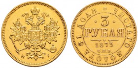 Alexander II 
 3 Roubles 1873, St. Petersburg Mint, HI. 3.90 g. Bitkin 35 (R). Rare. Slightly polished. Extremely fine. 3 Рубля 1873, СПб МД, HI. 3.9...