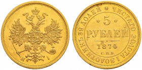 Alexander II 
 5 Roubles 1874, St. Petersburg Mint, HI. 6.52 g. Bitkin 22. Extremely fine. 5 Рублей 1874, СПб МД, HI. 6.52 г. Биткин 22. Состояние от...