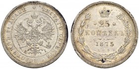 Alexander II 
 25 Kopecks 1875, St. Petersburg Mint, HI. 5.20 g. Bitkin 151 (R). Rare. Almost extremely fine. 25 копеек 1875, СПб МД, HI. 5.20 г. Бит...