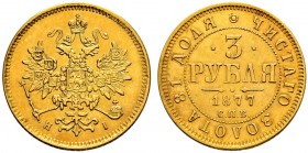 Alexander II 
 3 Roubles 1877, St. Petersburg Mint, HI. 3.91 g. Bitkin 39 (R). Rare. Extremely fine. 3 Рубля 1877, СПб МД, HI. 3.91 г. Биткин 39 (R)....