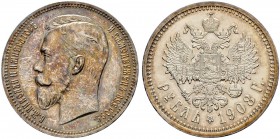 Nicholas II 
 Rouble 1908, St. Petersburg Mint, ЭБ. 20.00 g. Bitkin 62 (R). Very rare as a proof! Proof. Рубль 1908, СПб МД, ЭБ. 20.00 г. Биткин 62 (...