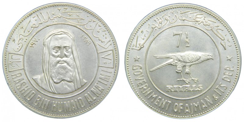 Ajman. Rashid Bin Humaid al-Nuaimi. AR 7½ riyals. 1970/AH1389. (km#6). Gazelle. ...