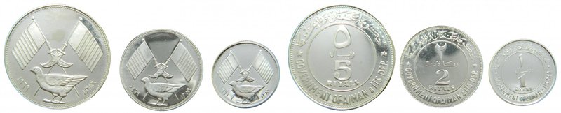 Ajman. Serie de 3 monedas. Proof set. 1969 AH-1390. (km#3.2, 2.1, 1.1 ) Ag. 5, 2...