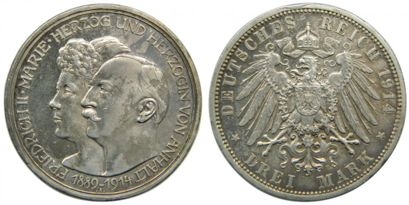 Alemania. Anhalt. Drei mark. 3 mark. 1914. (duché de). Frédéric II. 16,66 gr ag....