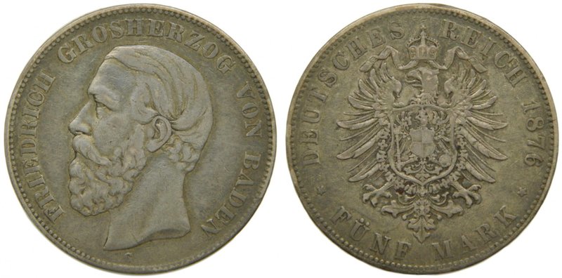 Alemania. Baden. 5 Mark. 1876 G. Friedrich I. 27,51 gr Ag. (km#263.1).
Grado: b...