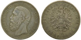 Alemania. Baden. 5 Mark. 1876 G. Friedrich I. 27,51 gr Ag. (km#263.1).
Grado: bc
