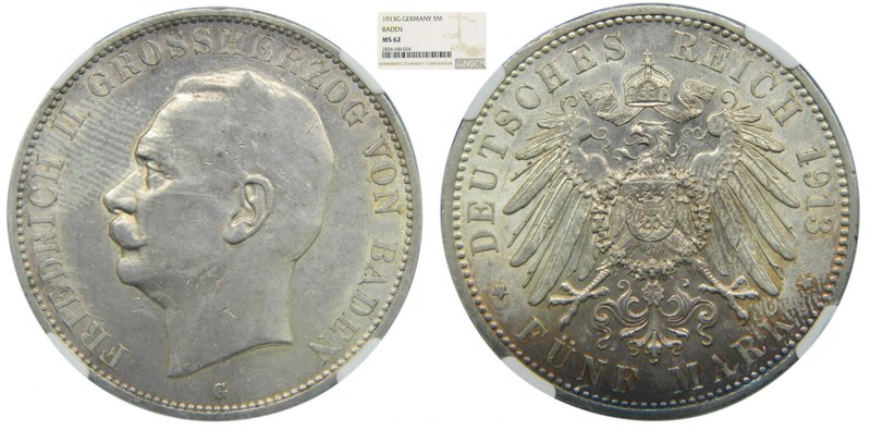 Alemania.Baden. 5 Mark. 1913 G. Friedrich II. (km#281). German States. NGC MS62....