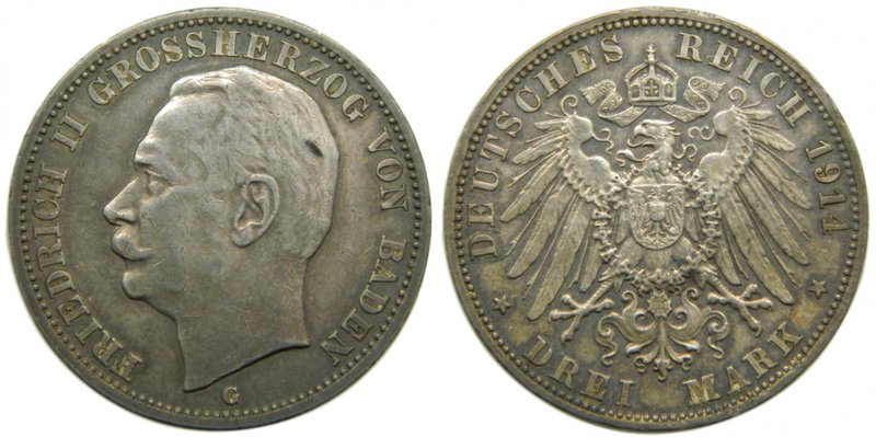 Alemania. Baden. Drei mark. 3 mark. 1914 G. Friedrich II. 16,68 gr ag. (km#280)....