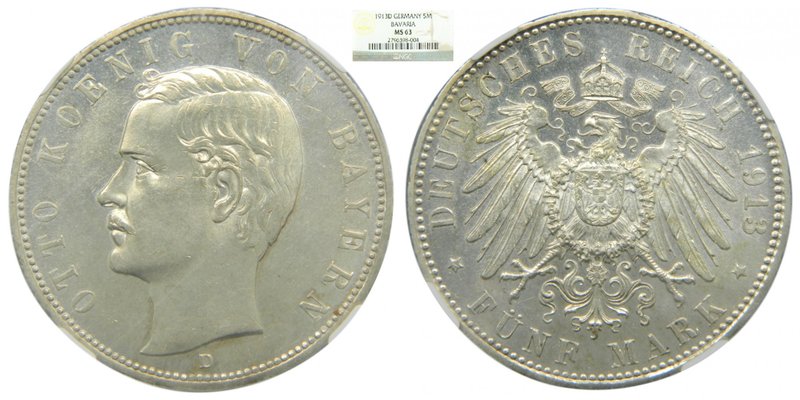 Alemania. Bavaria. 5 Mark. 1913 D. Otto. (km#915). German States. NGC MS63.
Gra...