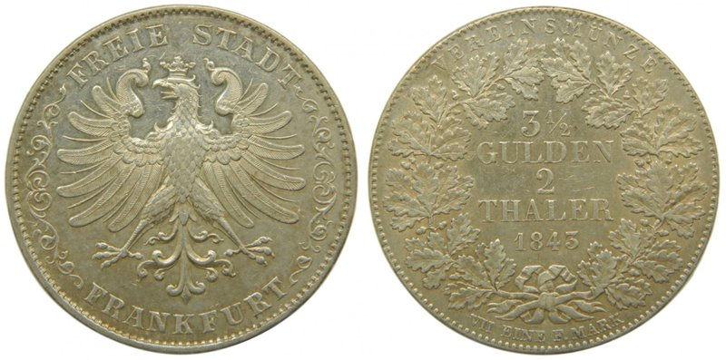 Alemania. Frankfurt Am Main. 2 Thaler. (3 1/2 Gulden). 1843. 37,09 gr Ag. (km#32...