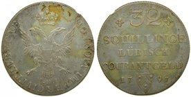 Alemania. Lübeck. 32 Schilling (Gulden). 1797 HDF. Peter Friedrich Ludwig (1785-1802). (km#199). Ag 18,33 gr. Golpecito en canto. 
Grado: mbc+