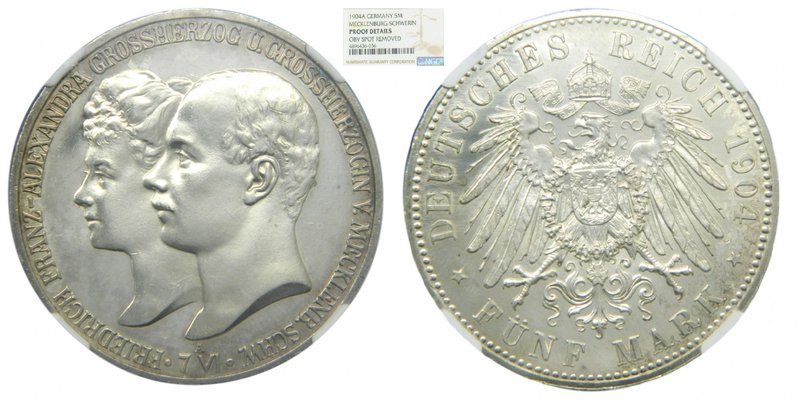 Alemania. Mecklenburg-Schwerin. 5 Mark. 1904. (km#334). NGC PROOF Details. (obv ...