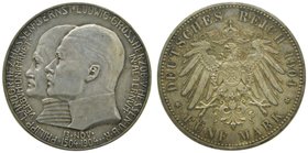 Alemania. Mecklenburg-Schwerin. 5 mark. 1904 A. Friedrich Franz IV. 27,8 gr Ag. (km#334).
Grado: mbc+