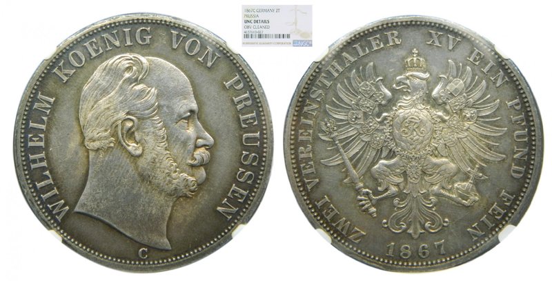 Alemania. Prussia. 2 Thaler. (3 1/2 Gulden). 1867 C. Wilhelm I. (km#496). NGC UN...
