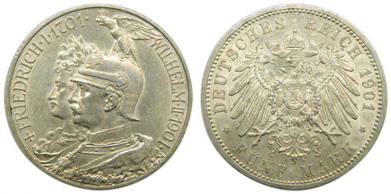 Alemania. Prussia. 5 Mark. 1901 A. Wilhelm II. 200 Years Anniversary. (km#526). ...