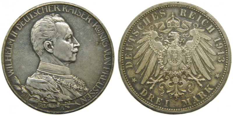 Alemania. Prussia. Drei mark. 3 mark. 1913 A.Wilhelm II. 16,68 gr Ag. (km#535). ...