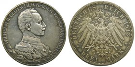 Alemania. Prussia. Drei mark. 3 mark. 1913 A.Wilhelm II. 16,68 gr Ag. (km#535). Anverso limpiado.
Grado: ebc+