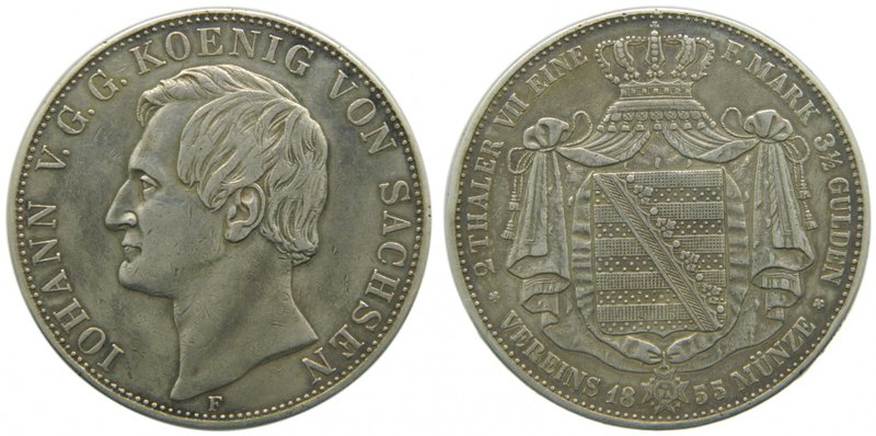 Alemania. Saxony-Albertine. 2 Thaler. (3 1/2 gulden). 1855 F. Johann. 36,94 gr a...