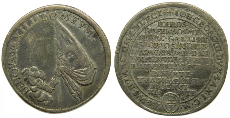Alemania. Saxony-Albertine. 2/3 Thaler. (Gulden). 1691 IK. MDCXCI. Johan Georg I...