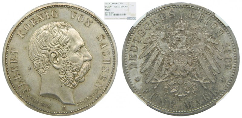 Alemania. Saxony-Albertine. 5 Mark. 1902 E. (km#1256). German States. NGC MS65....