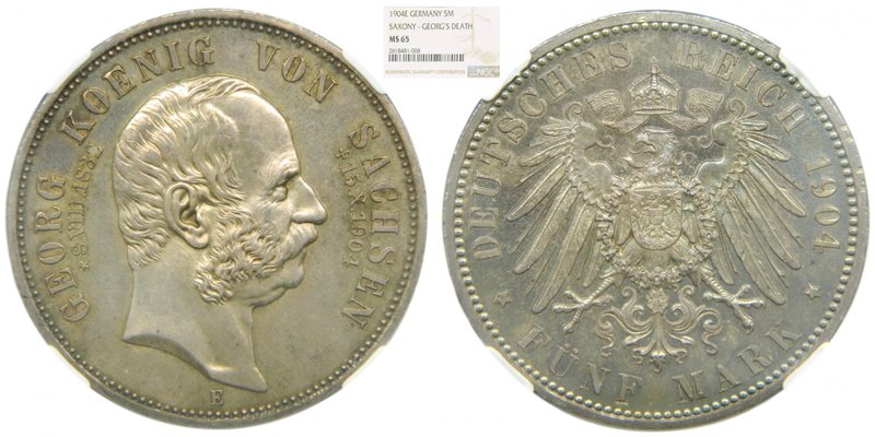 Alemania. Saxony-Albertine. 5 Mark. 1904 E. (km#1262). German States. NGC MS65. ...