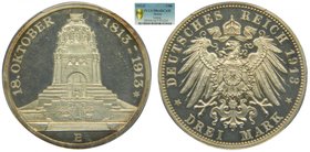 Alemania. Saxony. Drei mark. 3 Mark. 1913 E. Friedrich August III. Leipzig. Mintage 17,000. (km#1275). Centennial to Battle of Leipzig 1813-1913. PCGS...