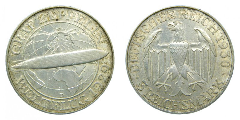 Alemania. Weimar Republic. 3 Reichsmark. 1930 D. Múnich. Zepelin. (km#67). 
Gra...