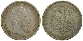 Alemania. Wurttemberg. 5 Mark. 1875 F. Karl I. 27,58 gr Ag. (km#623).
Grado: bc+