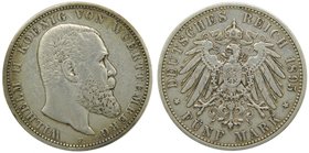 Alemania. Wurttemberg. 5 Mark. 1895 F. Wilhelm II. 27,72 gr Ag. (km#632).
Grado: bc