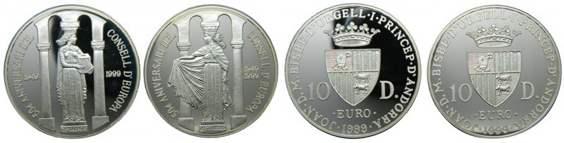 Andorra. 2 monedas de 10 diners. 1999. (km#153 y 154). Ag 31,47 gr. 925 mls cada...