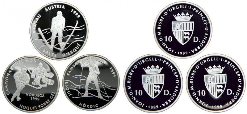 Andorra. 3 monedas de 10 diners. 1999. (km#398, 399 y 400). Ag 31,47 gr., 925 ml...