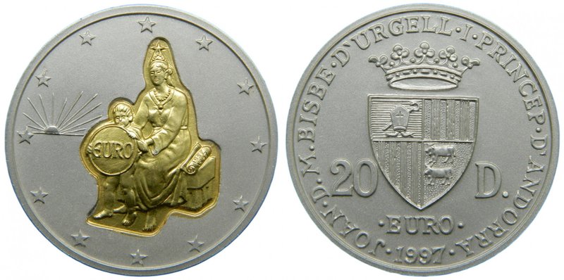 Andorra. 20 diners. 1997. (km#128). Ag 25 gr., 925 mls. (Au 1,6 gr., 917 mls.) E...