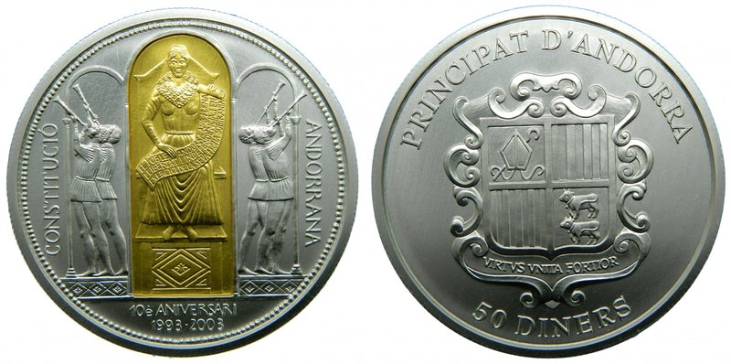 Andorra. 50 diners. 2003. (km#186). Ag 159,5 gr. 999 mls. Au. Constitución Andor...