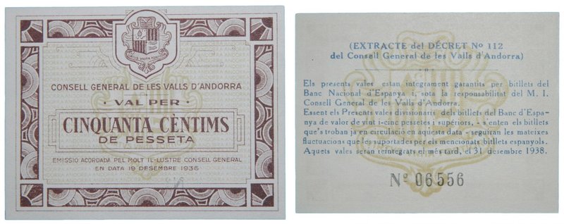 Andorra. 50 céntimos. 1936. Marrón. (T. 12b). (km#5). (19-12-1936). Local paper ...