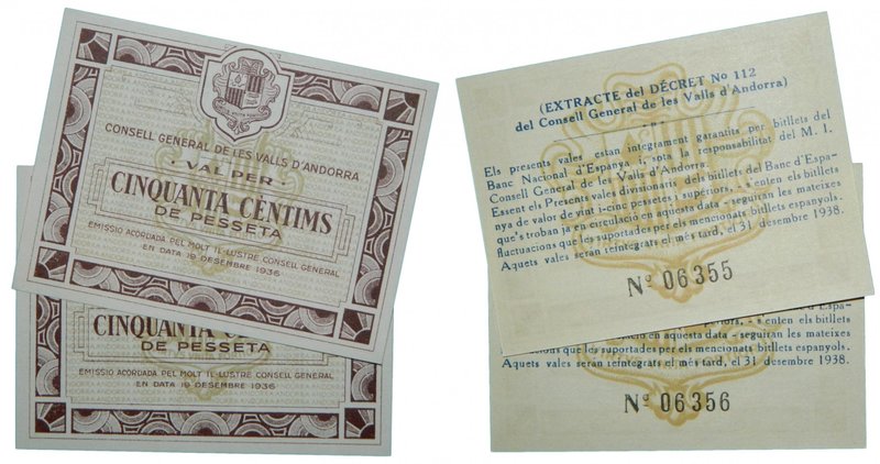 Andorra. 50 céntimos. Pareja correlativa. 1936. Marrón. (T. 12b). (km#5). (19-12...
