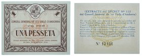 Andorra. 1 pesetas. 1936. Marrón. (T. 11d). (km#6). (19-12-1936). Local paper issues of the Spanish Civil War. Escaso.
Grado: sc
