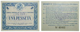 Andorra. 1 pesetas. 1936. Azul. (T. 5). (km#1). (19-12-1936). Local paper issues of the Spanish Civil War. Sello en reverso. Consell General de les Va...