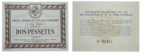 Andorra. 2 Pesetas. 1936. Marrón. (T. 4). (km#2). (19-12-1936). Sello seco. Local paper issues of the Spanish Civil War. Consell General de les Valls ...