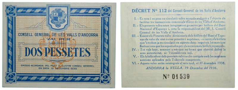 Andorra. 2 Pesetas. 1936. Azul. (T. 10). (km#7). (19-12-1936). Sello seco. Local...