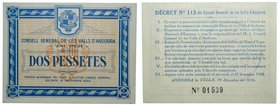 Andorra. 2 Pesetas. 1936. Azul. (T. 10). (km#7). (19-12-1936). Sello seco. Local paper issues of the Spanish Civil War. Consell General de les Valls d...