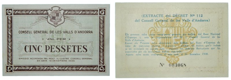 Andorra. 5 pesetas. 1936. Marrón. (T. 9a). (km#8). (19-12-1936). Local paper iss...