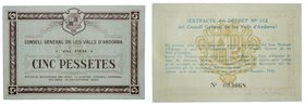 Andorra. 5 pesetas. 1936. Marrón. (T. 9a). (km#8). (19-12-1936). Local paper issues of the Spanish Civil War. MUY RARO en esta conservación. Sello sec...