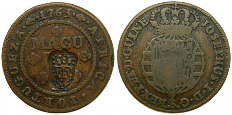 Angola. 1 macuta. Colonia portuguesa. 1763. (km#51.1). 40,45 gr. Resello para du...