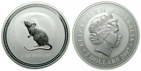 Australia. 2 Dólares. 2008. Año lunar Rata (2007). Elizabeth. 2 onzas plata 999. Year of Rat. Cápsula original. 
Grado: proof