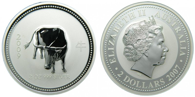 Australia. 2 Dólares. 2009. Año lunar Toro (2007). Elizabeth. 2 onzas plata 999....
