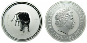 Australia. 2 Dólares. 2009. Año lunar Toro (2007). Elizabeth. 2 onzas plata 999. Year of Ox. Cápsula original. 
Grado: proof