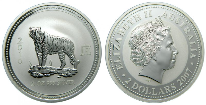 Australia. 2 Dólares. 2010. Año lunar Tigre (2007). Elizabeth. 2 onzas plata 999...